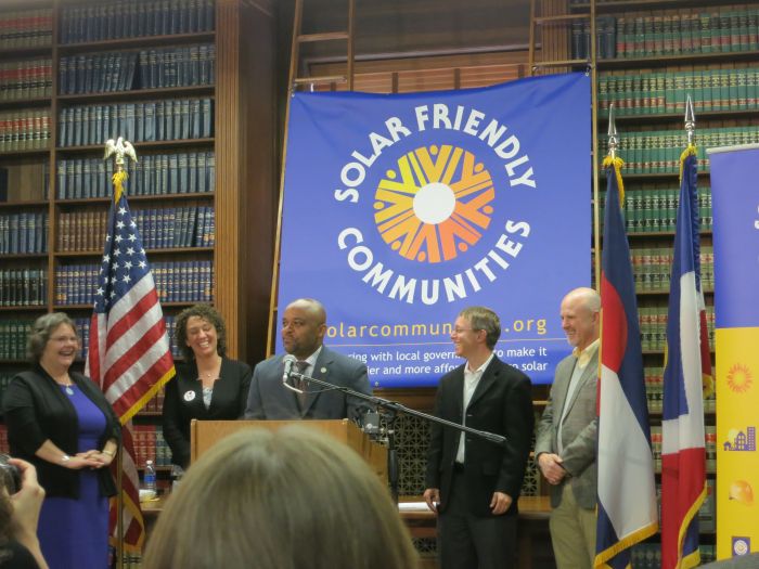 Denver Mayor Michael Hancock speaking at Solar Friendly Communities Award (Chris Meehan)