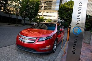 Chevy Volt at an EV charging Station