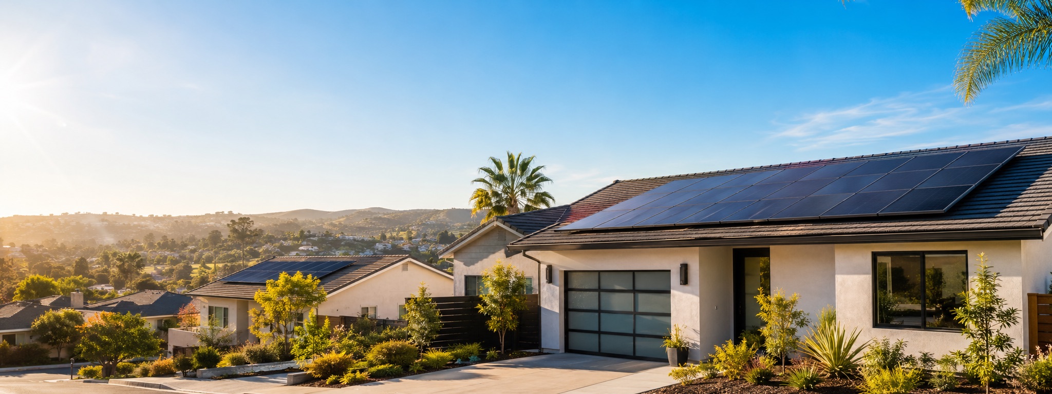 Premium California solar leads — modern California hillside homes with rooftop solar panels at golden hour