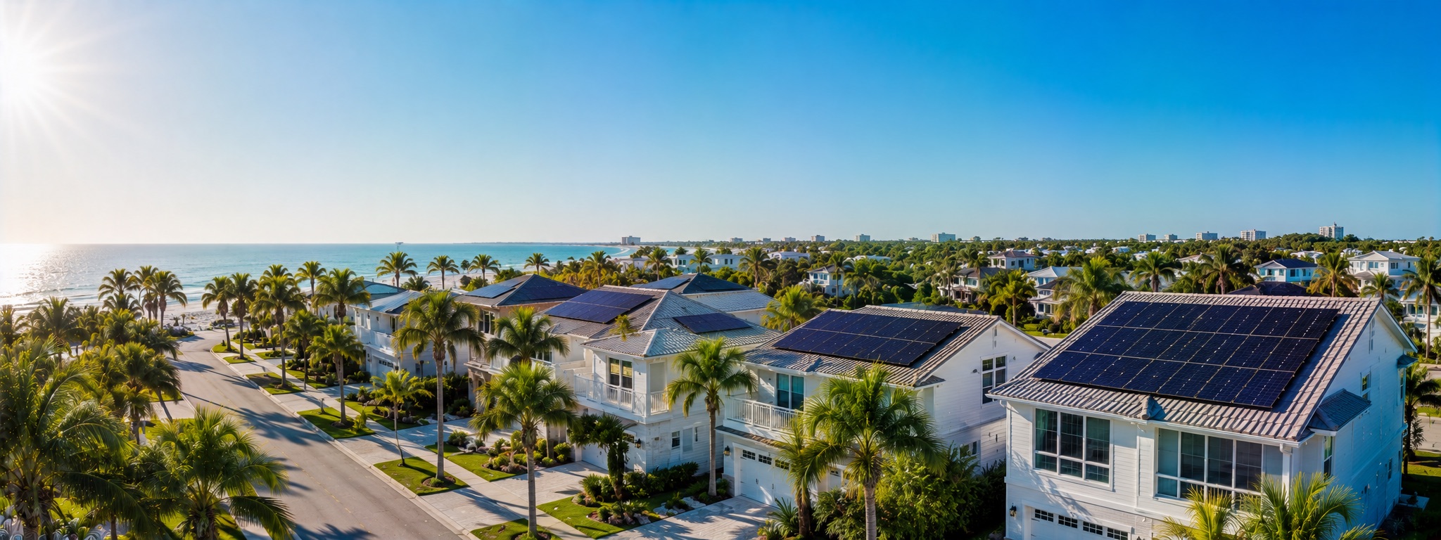 Premium Florida solar leads — coastal Florida homes with rooftop solar panels and palm trees
