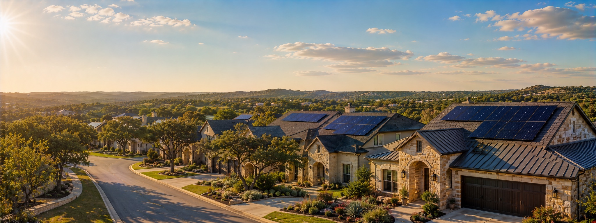 Premium Texas solar leads — Texas Hill Country homes with rooftop solar panels at sunset